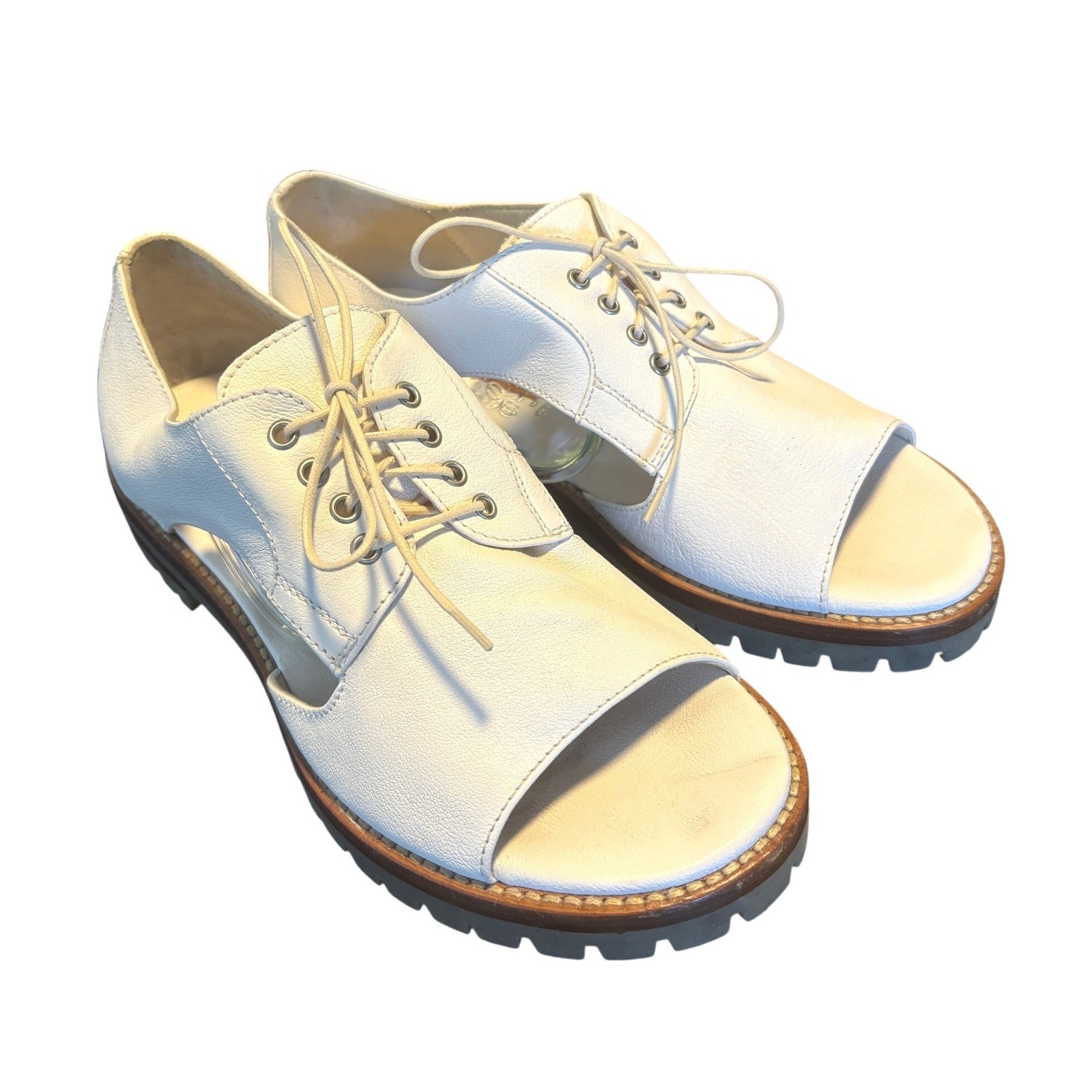 Agl Open Toe Oxfords 39/9 White Leather Cutout Lug Sole Lace Up Italy Nwob